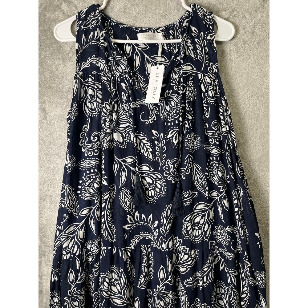Seafolly Folklore Midi Dress True Navy Boho Coastal Resort Flowy Sundress MD New - Picture 7 of 7